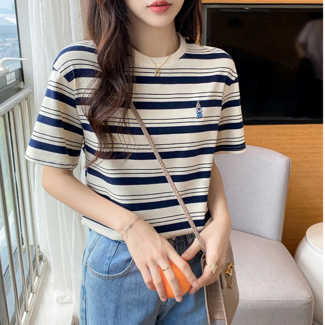2025夏季欧若风小熊刺绣韩版条纹打底衫t恤宽松减龄T恤圆领夏装