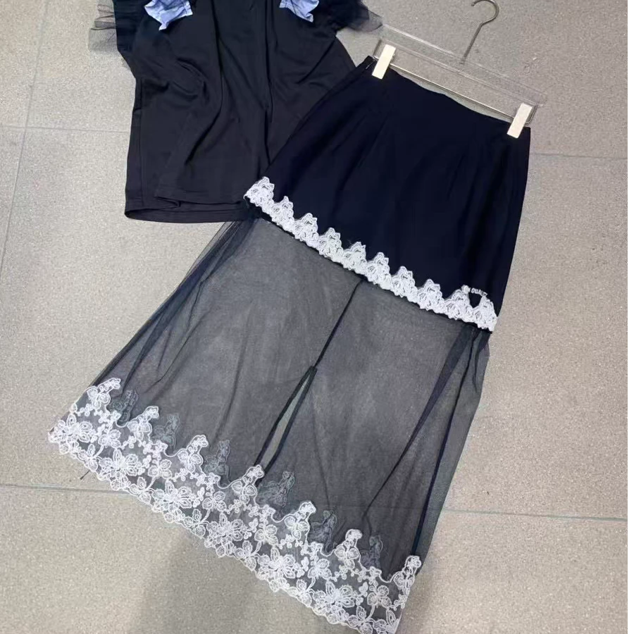 2218#夏季新款高级感蕾丝拼接网纱半身裙女时尚长裙