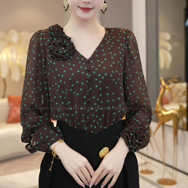 唐熹现货2025年秋季新款【DD-6240】时尚洋气波点棕咖色V领长袖上衣