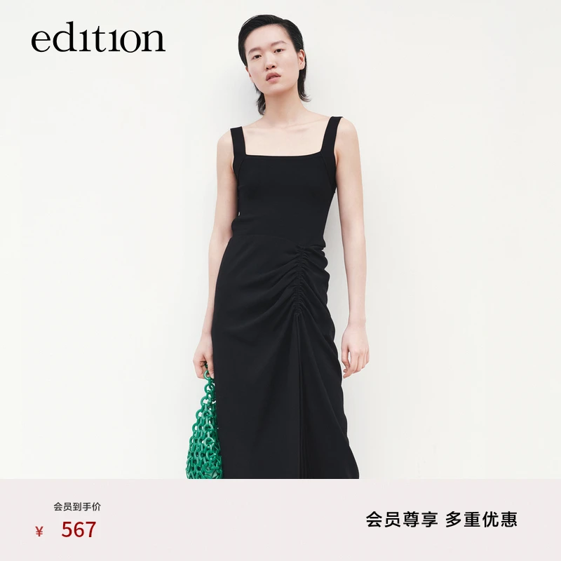 edition度假风拼接背心连衣裙抽皱吊带裙小黑裙#EBC2DRST42
