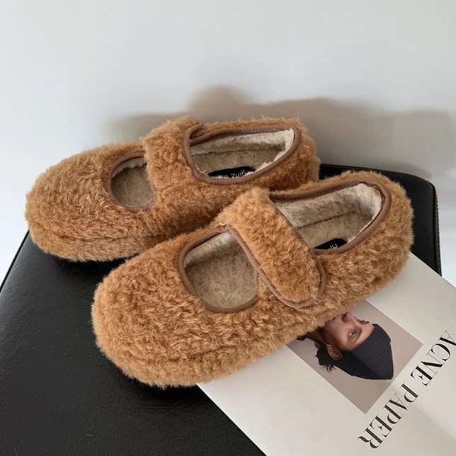魔术贴毛毛鞋女晚风玛丽珍鞋子2025秋冬软底加绒保暖棉鞋豆豆鞋子