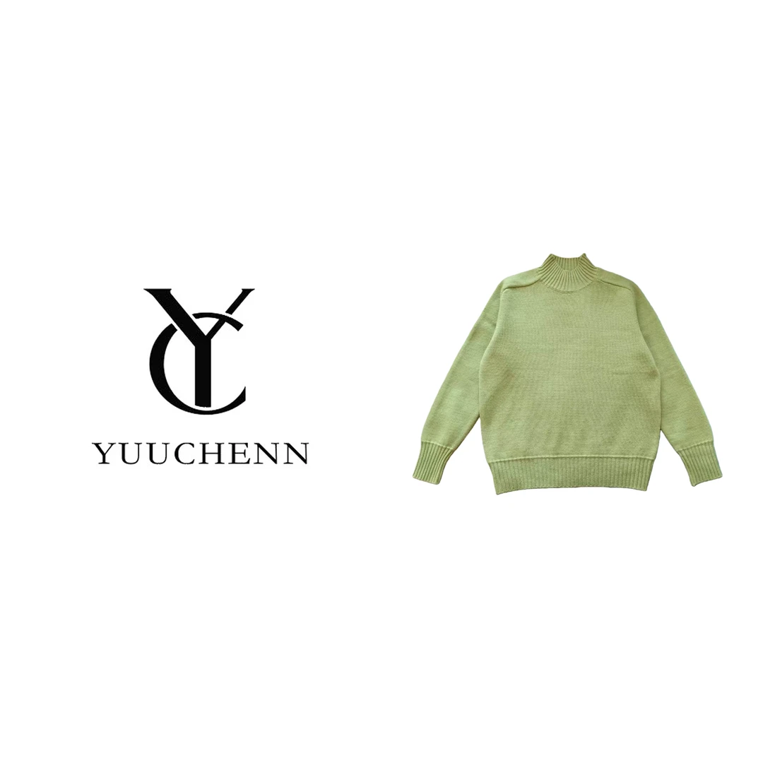 【YUUCHENN】【100纯羊毛】果绿色BT6885马鞍肩半高领加厚打底针织衫