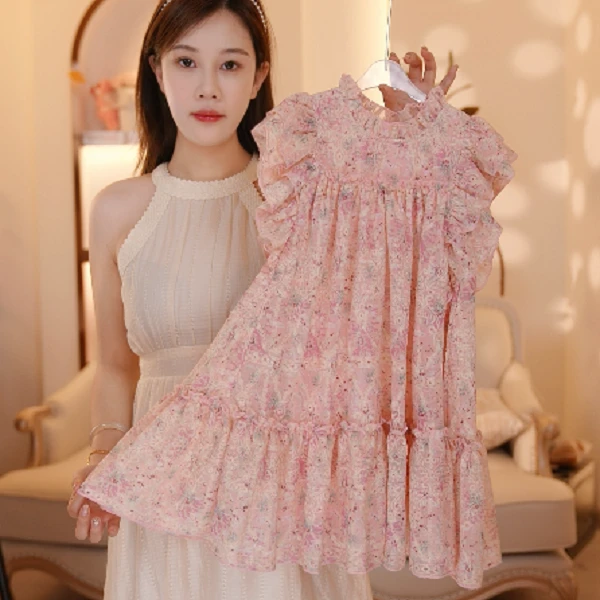 【Y.a3623】25夏季新款女宝重工镂空花边领飞飞袖夏天女宝宝公主裙