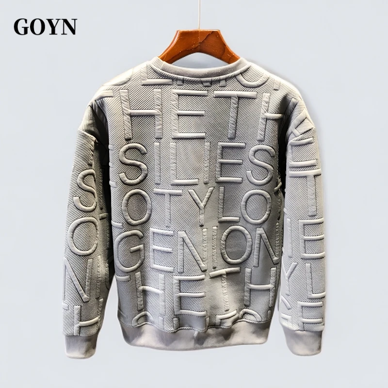 GOYN秋季新款字母印花男士长袖修身潮牌时尚圆领男装休闲百搭卫衣