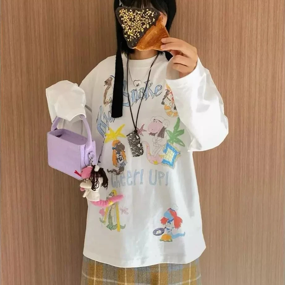 overseas中长款T恤长袖女欧货春季套头圆领大版宽松显瘦遮肉打底