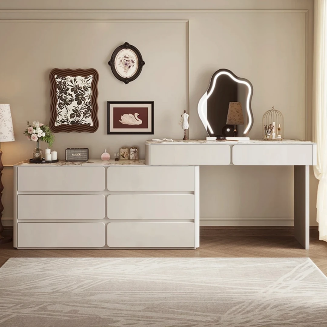 新款全实木钢琴烤漆奶油风岩板斗柜梳妆台一体卧室收纳柜化妆桌