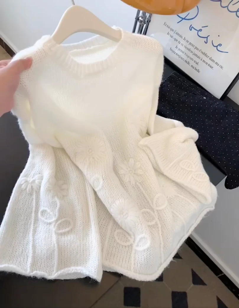 百搭时尚慵懒风高级感宽松镂空长袖针织衫女秋冬新款钩花减龄上衣