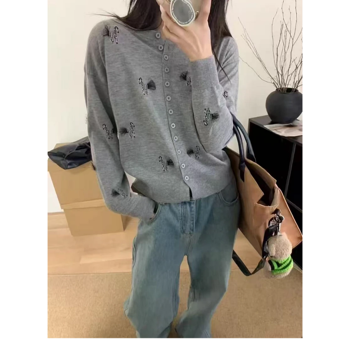 【斑马重工】韩版动物提花刺绣针织开衫女毛衣气质时尚宽松上衣