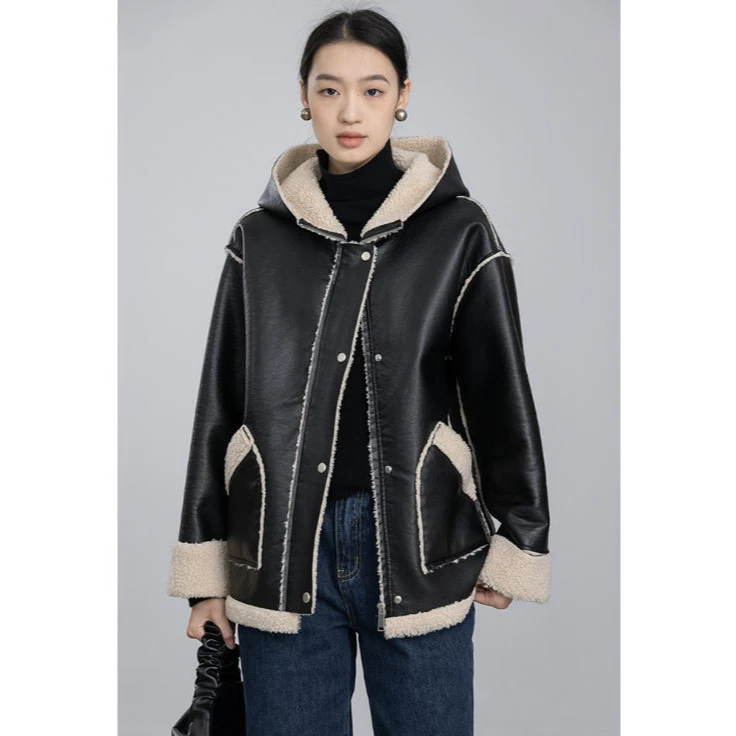 LIURUONAN 21AW 披肩/连帽俩穿 皮毛一体羊羔毛设计感短外套女