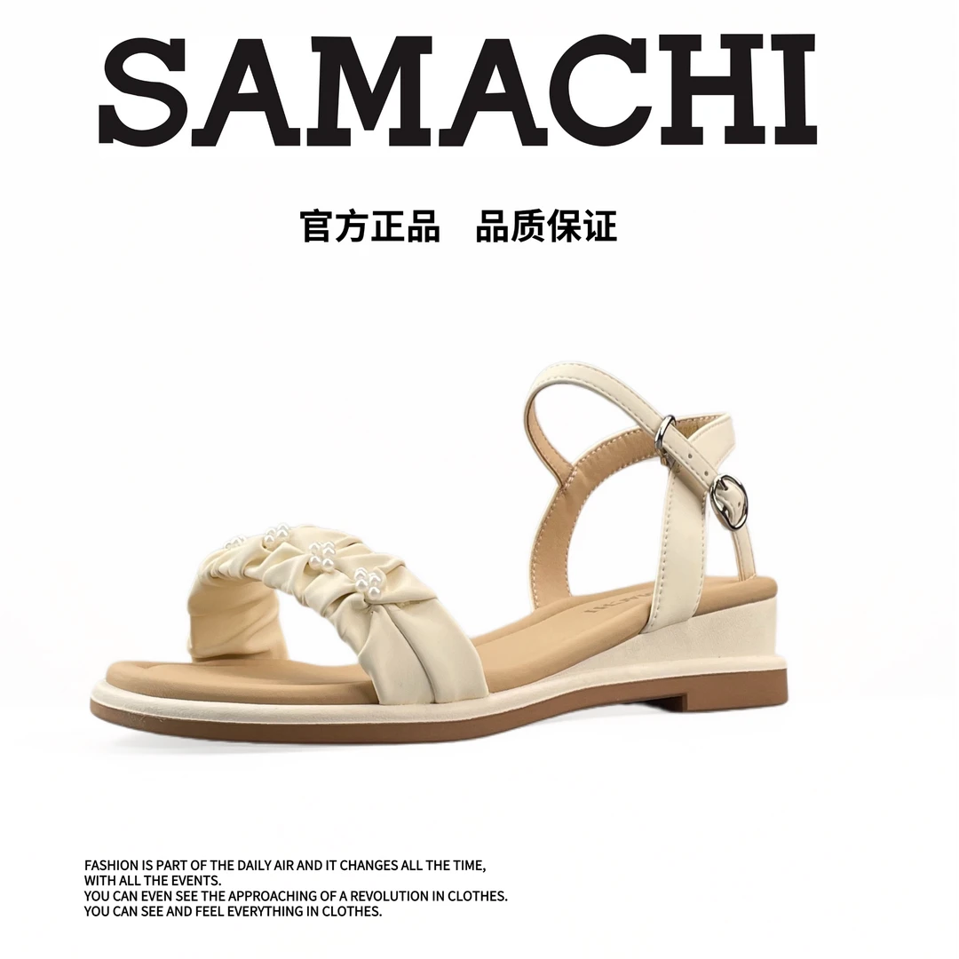 萨玛驰2025新款绝美一字带不累脚时装凉鞋女低跟配裙子罗马凉鞋