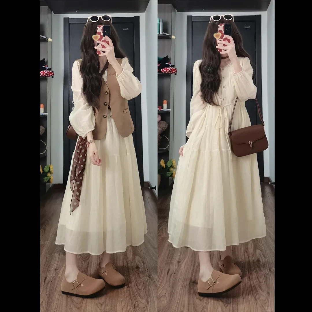 秋季搭配一整套2025新款马甲外套连衣裙子韩系独特绝美叠穿套装女