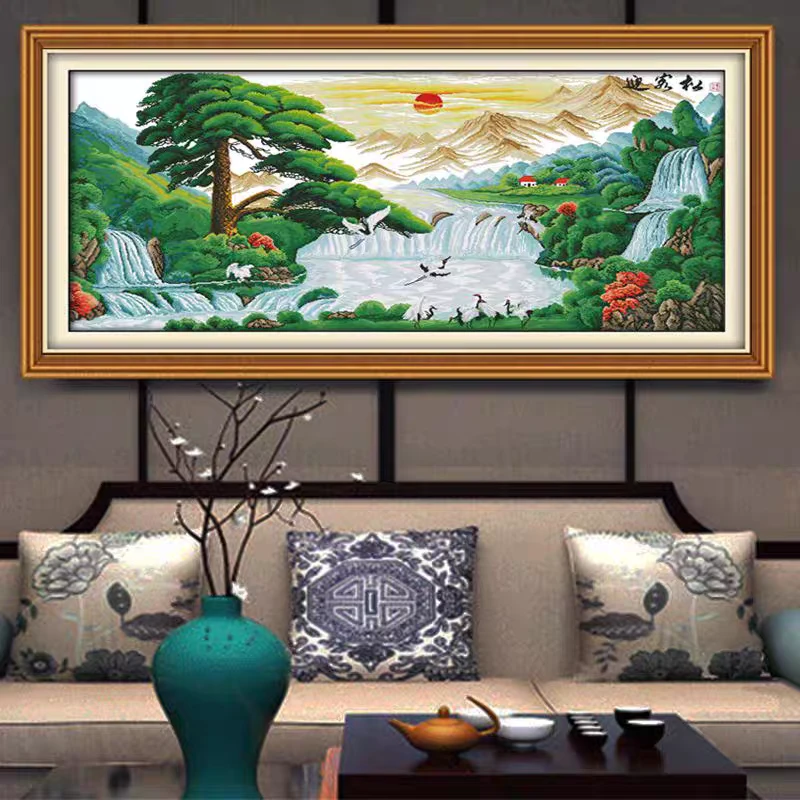 手工十字绣成品迎客松鸿运齐天 1.8 米 t3328