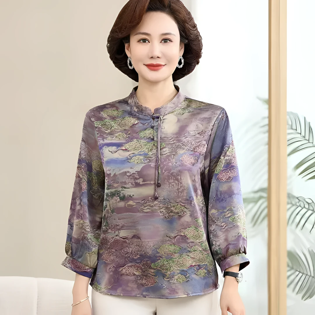 6204-夏季新款国风小衫七分袖衬衣中老年妈妈装上衣+裤子套装夏装