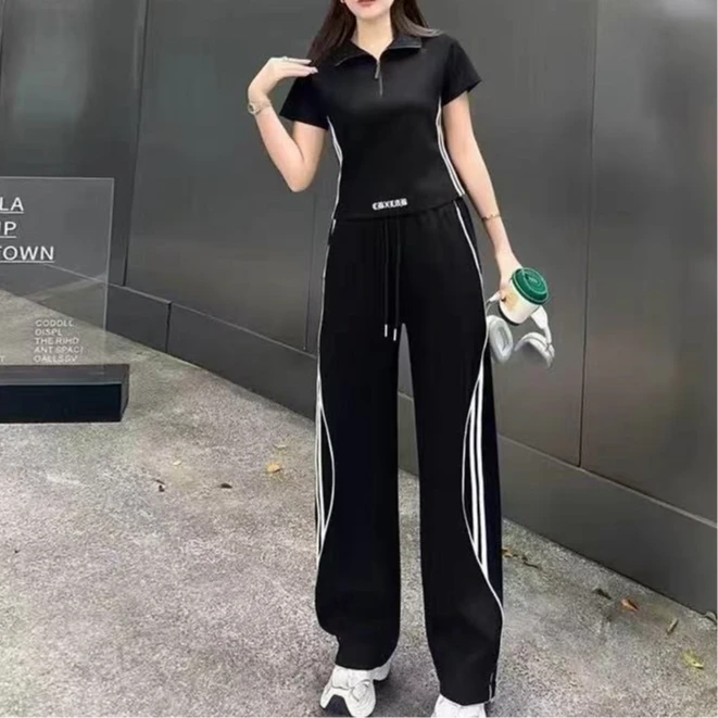 高档休闲运动半拉链半袖+休闲阔腿裤（衣长64 裤长103左右）