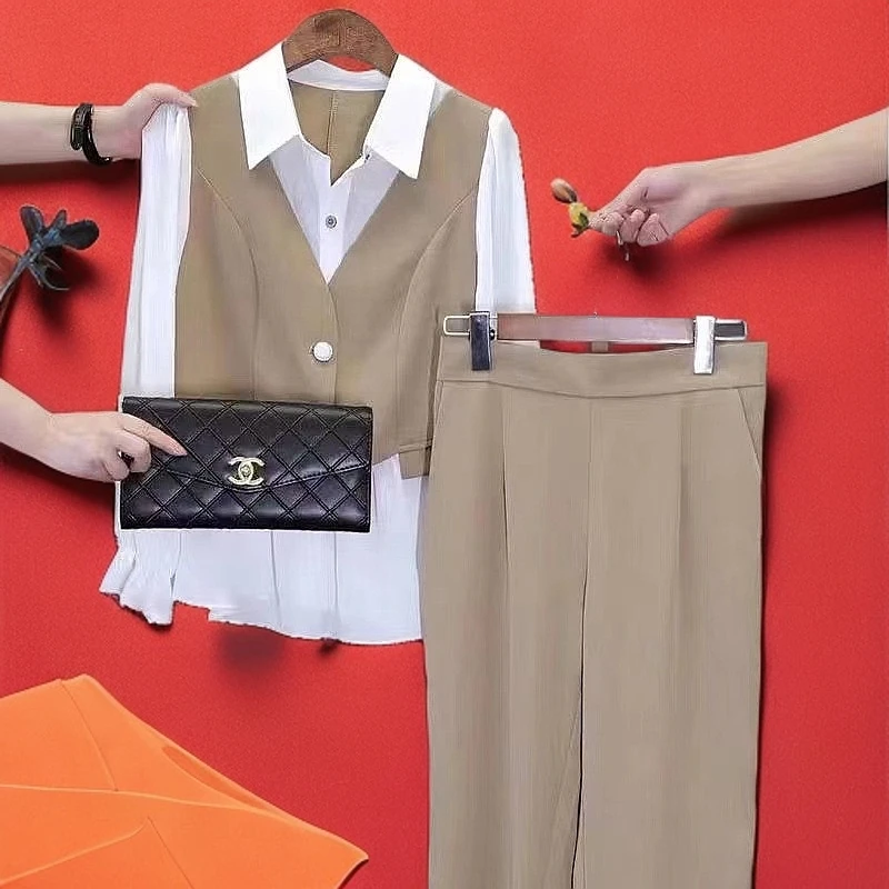2024职业时尚气质套装女春季新款洋气潮流长袖遮肚子上衣裤子两件