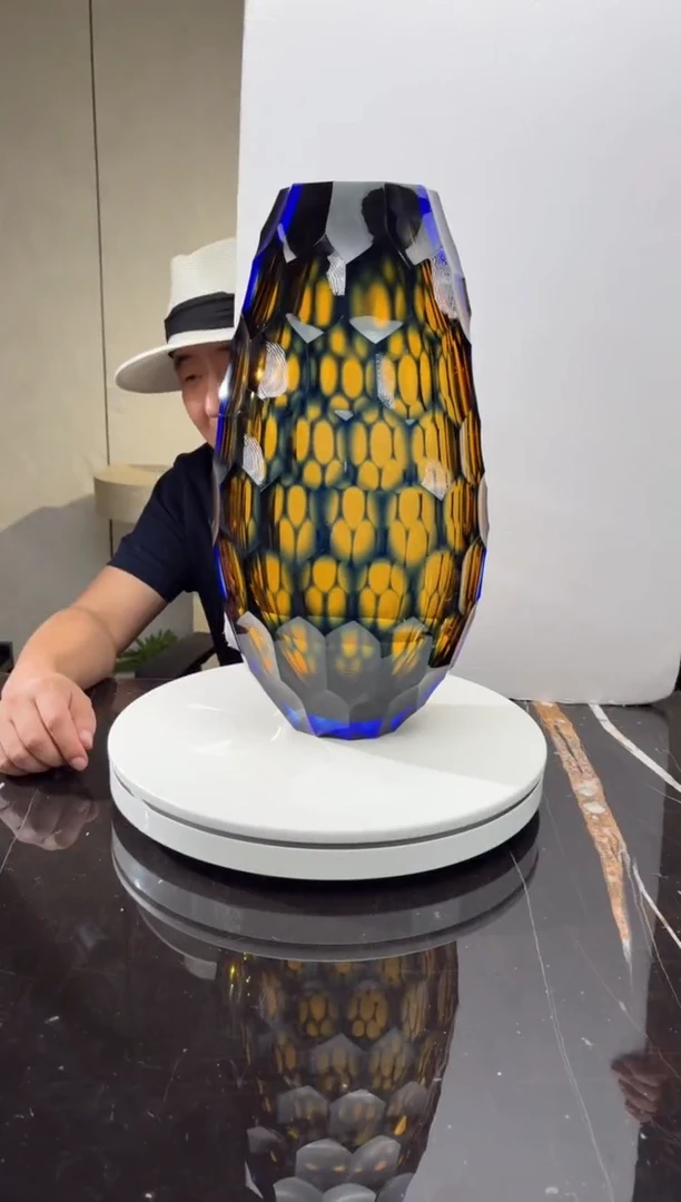 摆件璨石美学【浮光跃金】蓝色茶金凹面花器大号