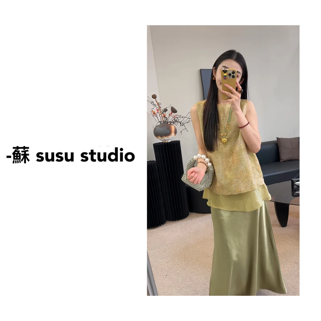 SU 复古国风提花夏季中式女装无袖气质圆领  H0326