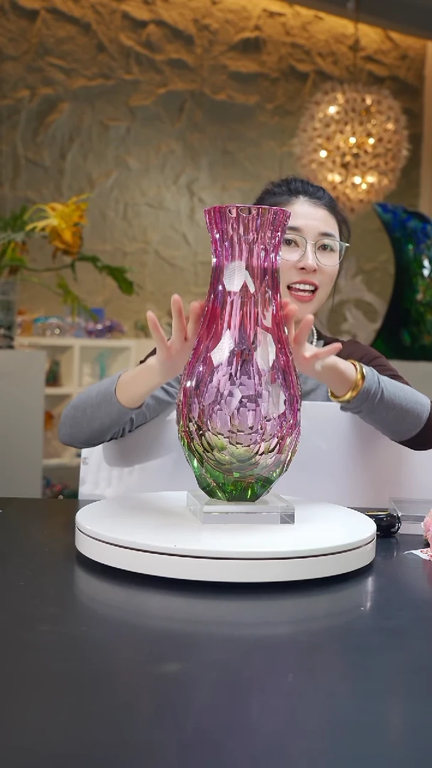 手工艺品琉璃金红绿凹面美人瓶花器带底座