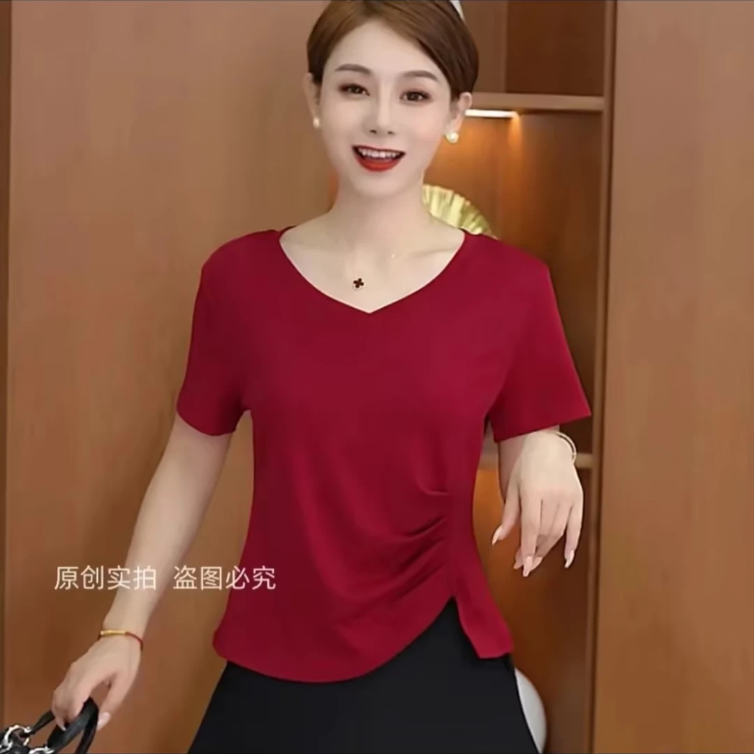 2025新款爆款女短袖T恤显瘦气质修身时尚夏季不规则上衣遮肚子