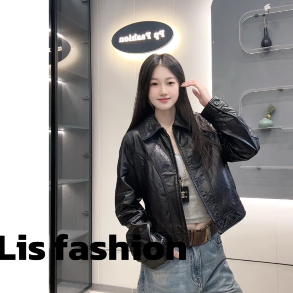 Liss-25新款720牛皮油蜡皮短款设计时尚休闲牛皮女外套