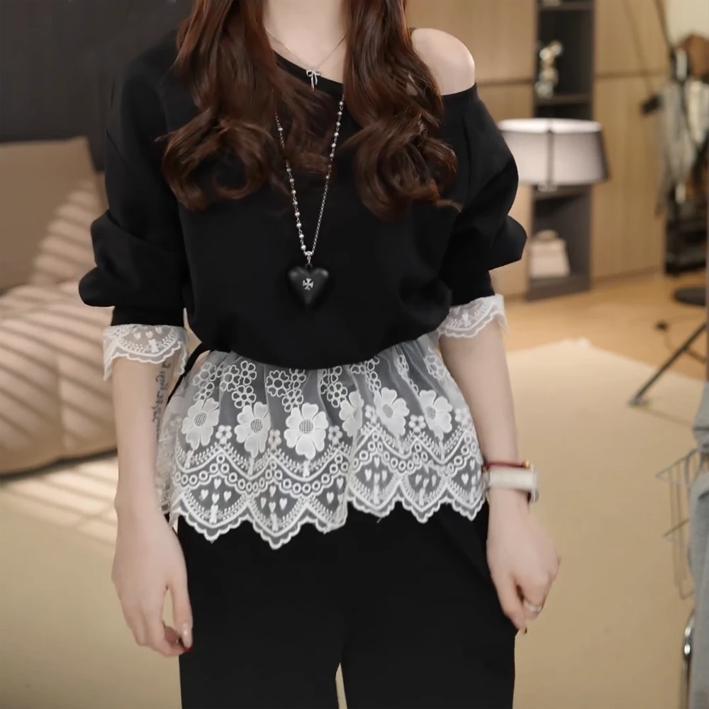 2025春季新款法式蕾丝边超好看时尚露肩休闲卫衣套装