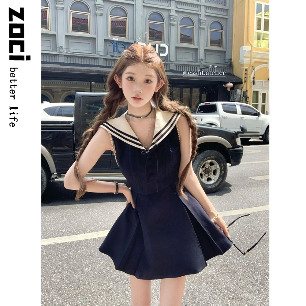 千金风学院海军领木耳边蝴蝶结拼接无袖连衣裙夏季收腰显瘦短裙子