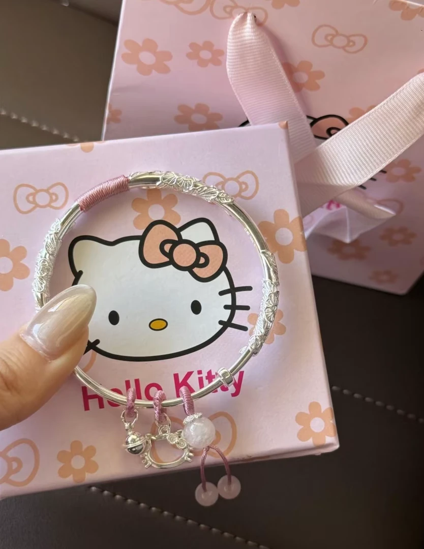 足银手镯 繁花Kitty猫999纯银手镯女520送女友情人节礼物时尚小众