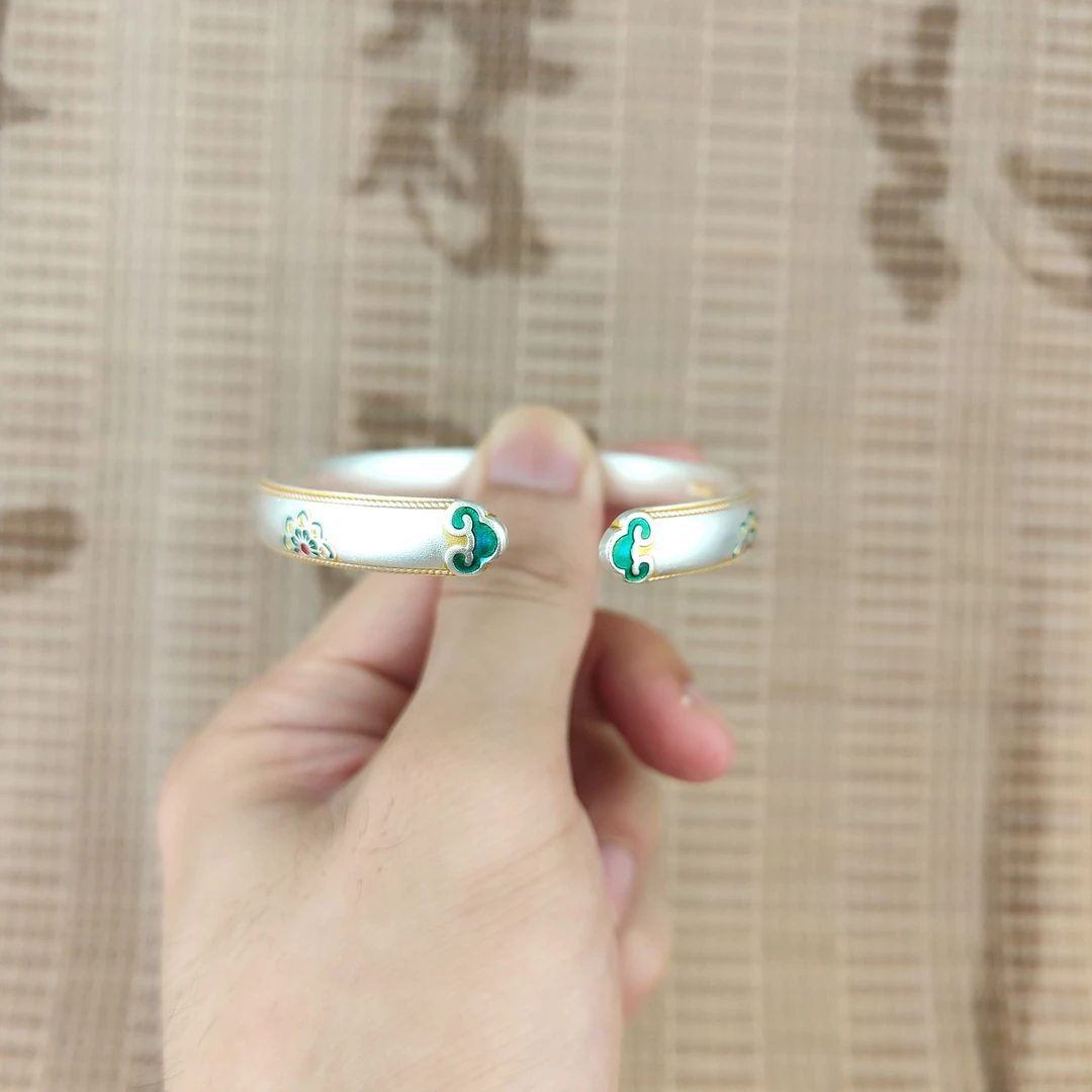足银珐琅手镯 宝相花银手镯足银999.9描金珐琅中式国风银送女友