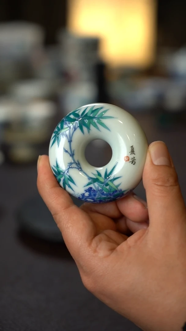 全手工手绘竹子陶瓷圆盖置