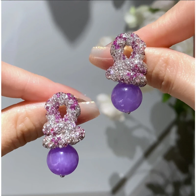 摩邦珠宝 铜合金合成锆石耳饰 扭结紫色粉锆耳环