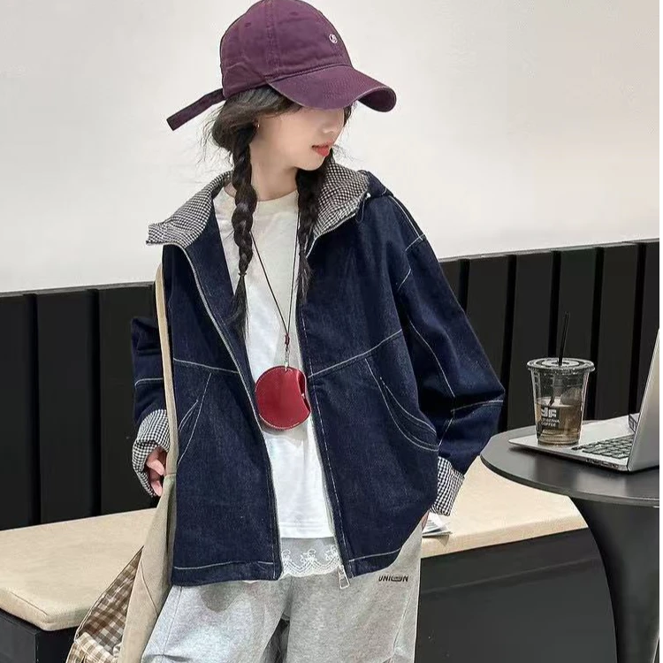 66023～秋季女童高品质格子拼接牛仔外套