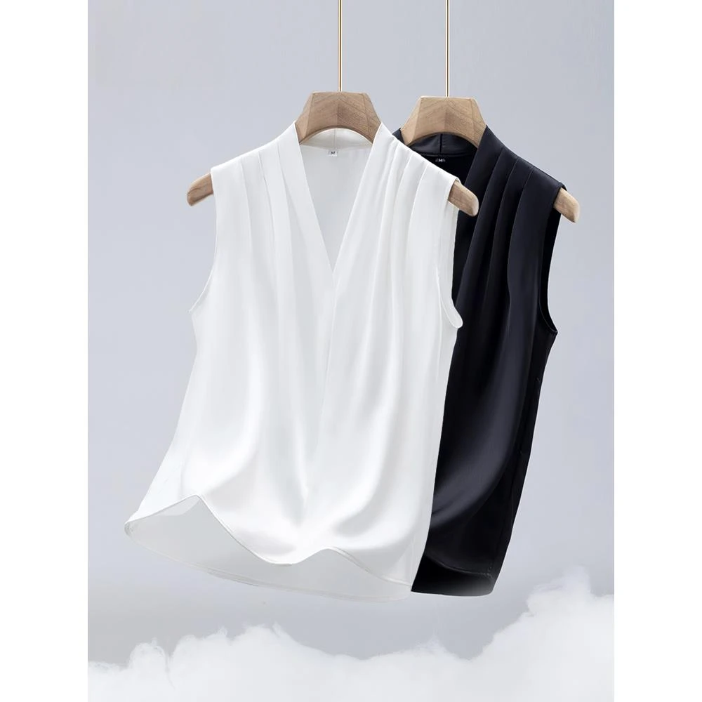 V领白色衬衫女夏季2025西装内搭背心高级感无袖打底职业薄款衬衣