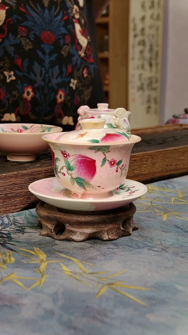 亘古茶具柴烧精品@三才盖碗五福九桃