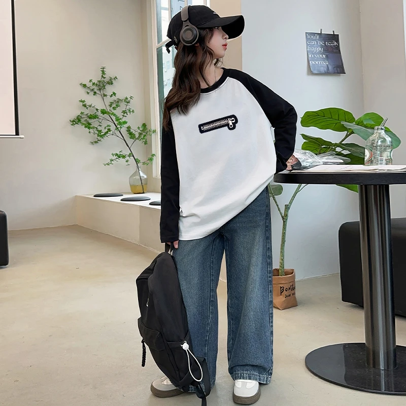 大童装撞色宽松T恤女童长袖洋气黑白刺绣拉链全棉打底衫2025春秋