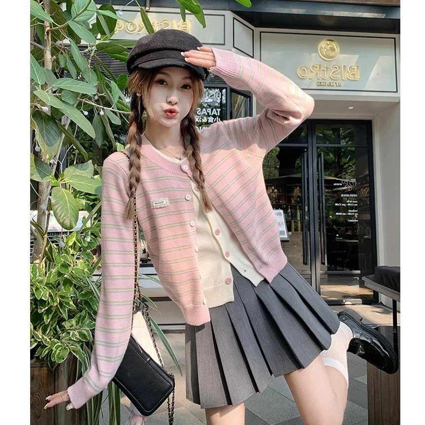 韩系甜美学院风假两件条纹针织开衫女早秋显瘦时尚慵懒风外套上衣