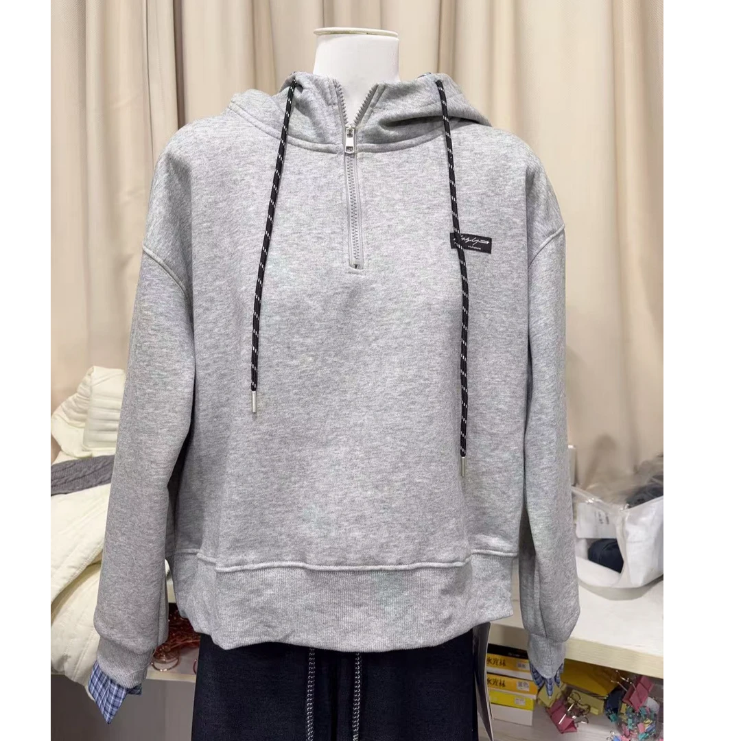 BA家加绒S599灰半拉链连帽卫衣
