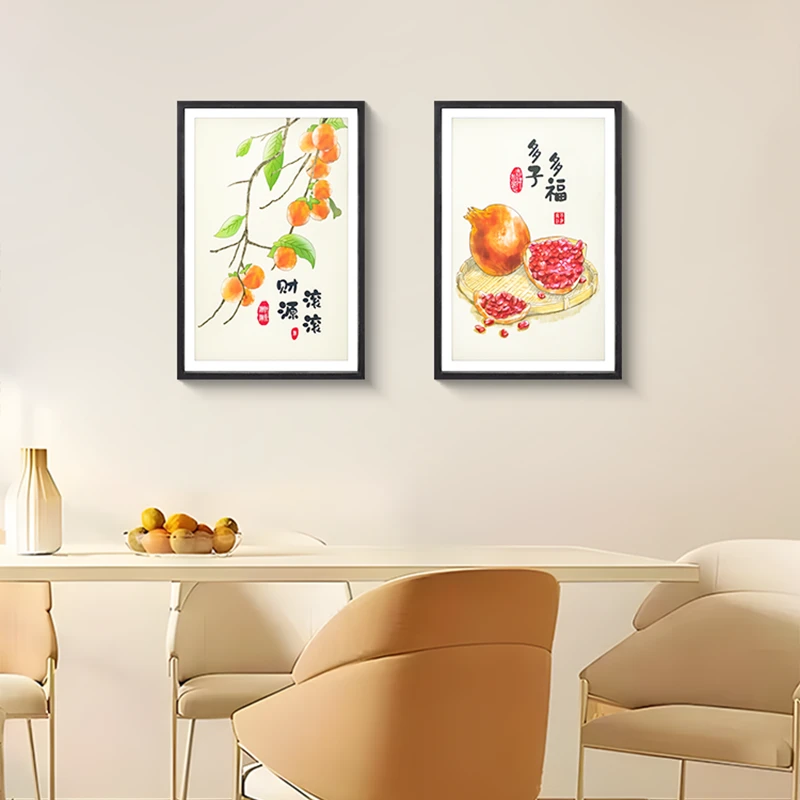 新中式餐厅装饰画财源滚滚客厅茶室两联画饭厅餐桌背景墙挂画4060