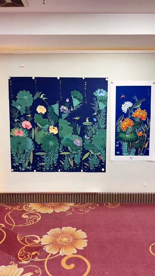 国画蓝底荷花四条屏+送3尺蓝底和气致祥/托底/雷畅胜