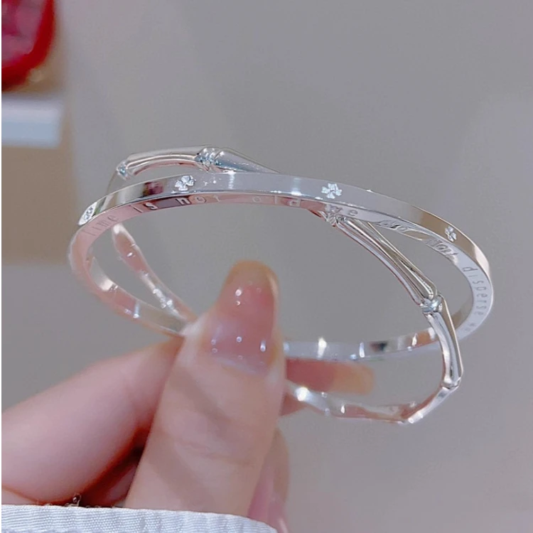 足银手镯 双环竹节银手镯女999纯银实心四叶草手镯女友情人节礼物