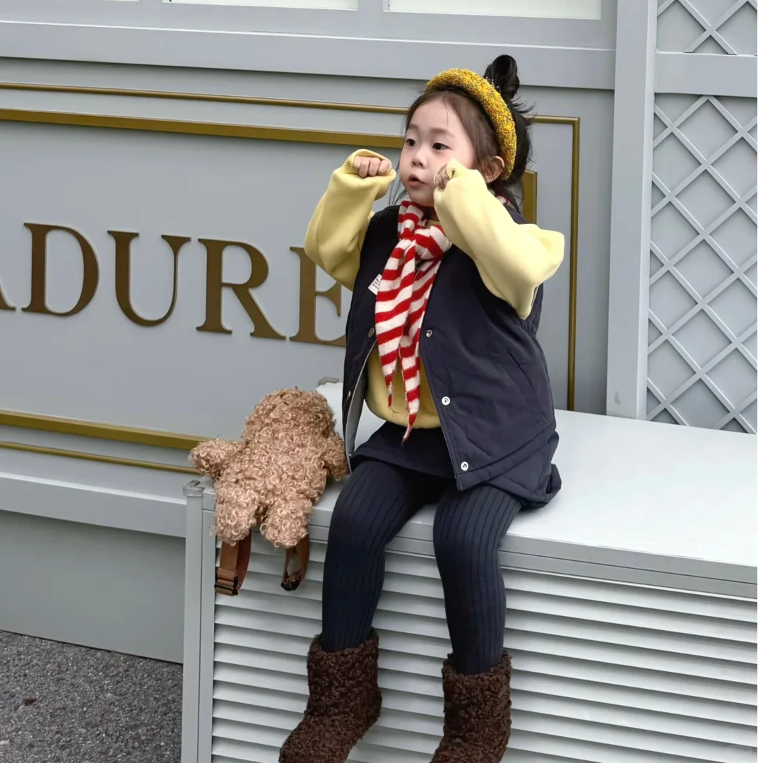 壹妈童装韩版女童秋冬季新款黄色百搭卫衣深蓝色时髦马甲半裙套装