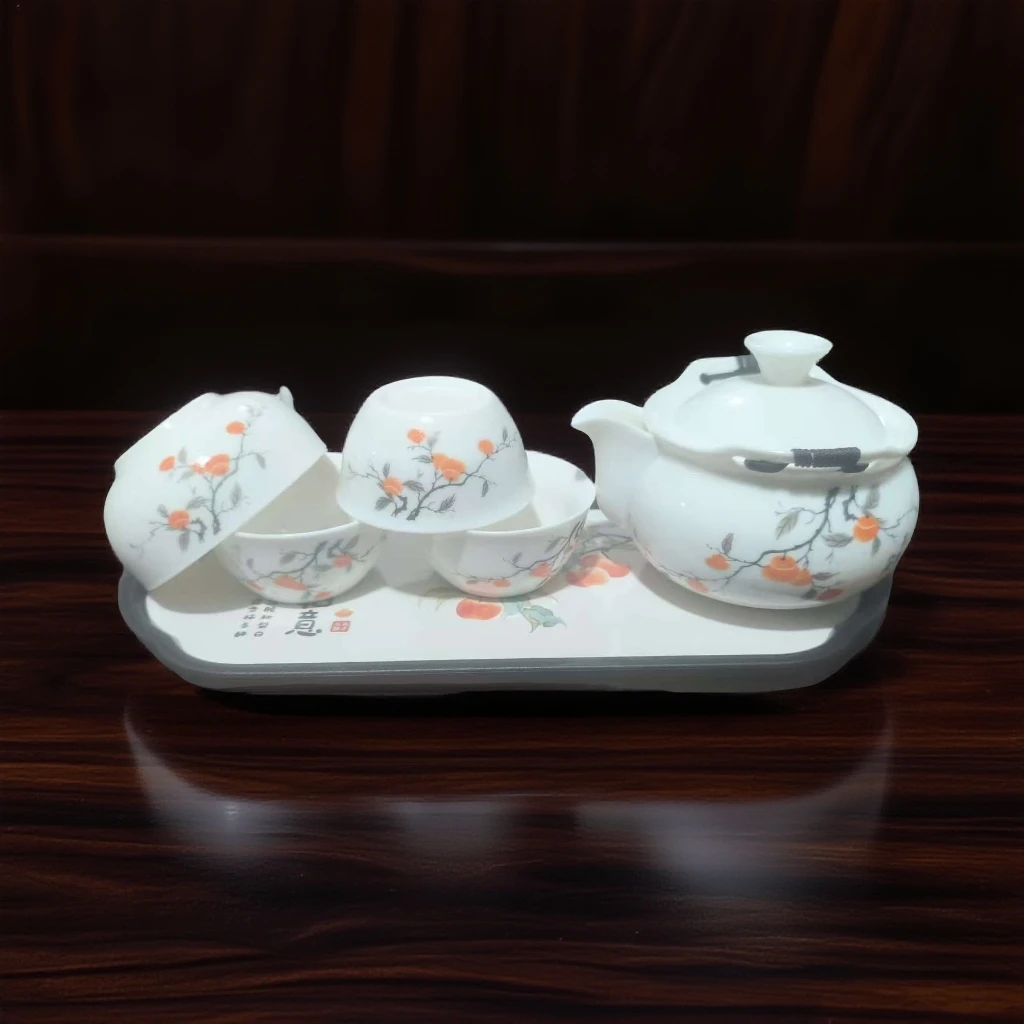 柿柿如意高白瓷宝瓶壶一壶四杯带包带茶盘