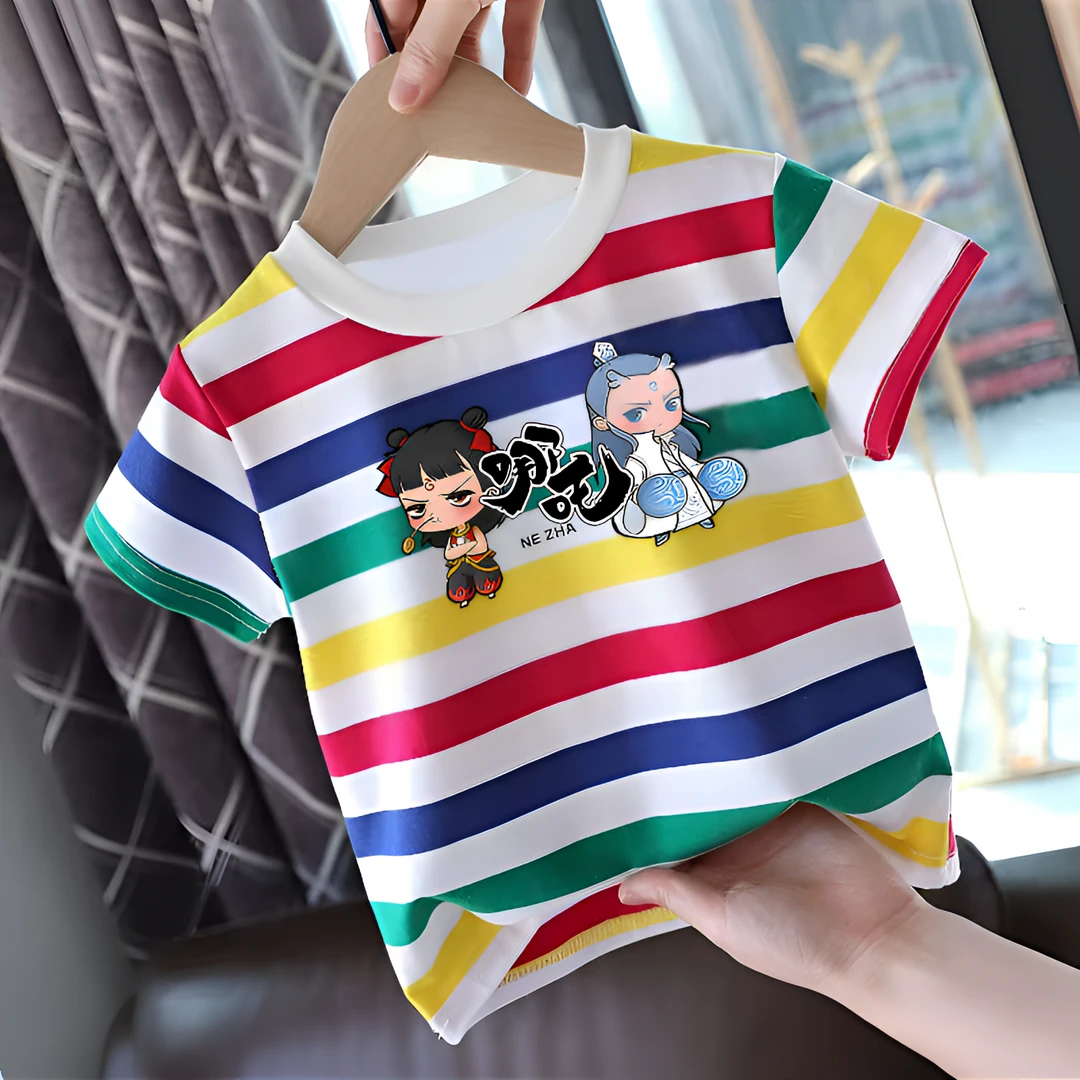 100%纯棉短袖T恤男童女童夏季哪吒条纹卡通洋气韩版t恤中大童上衣