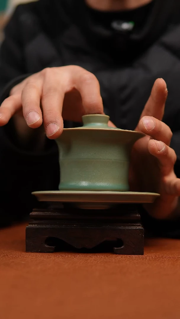 【闪购商品】瓷片原矿汝瓷柴烧竹节盖碗微瑕福利