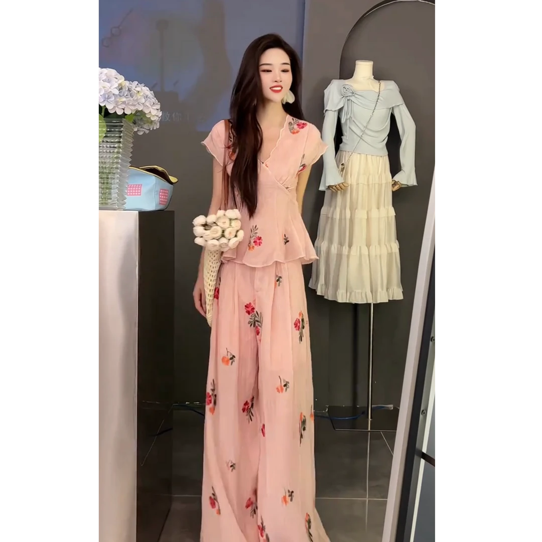 【全额运补】温柔风甜美女夏季新款V领收腰上衣休闲阔腿裤两件套