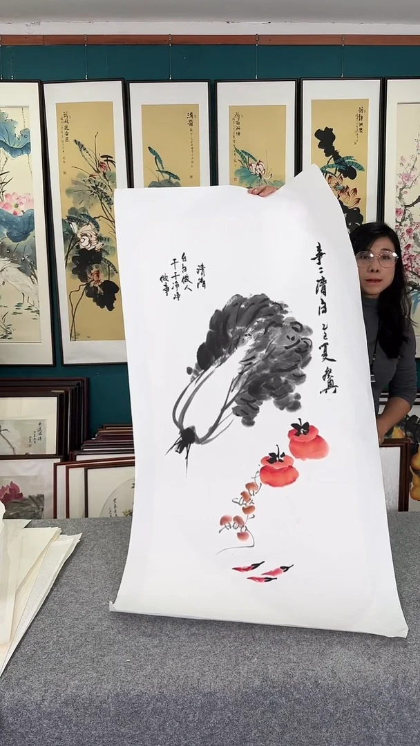 国画百财图实木装裱60*120