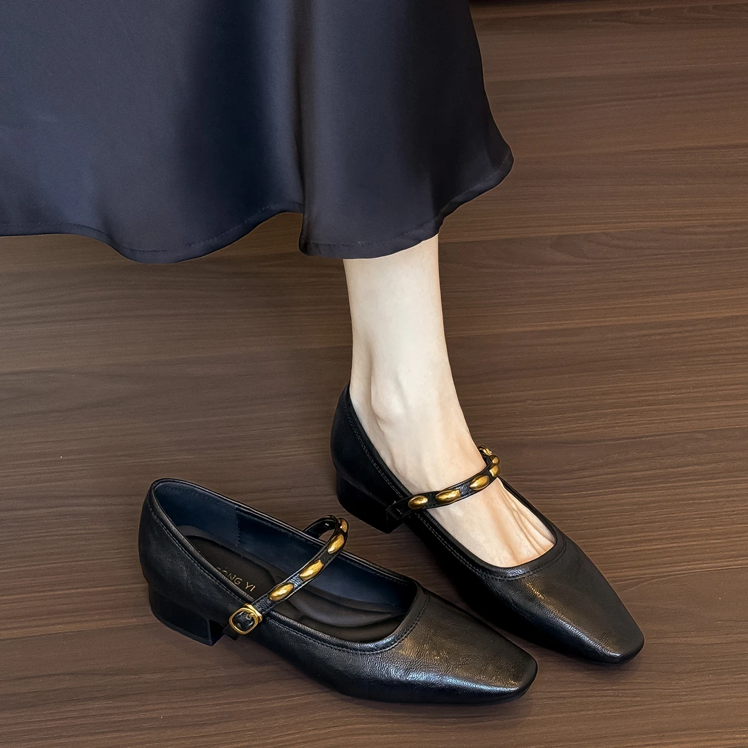 羊皮版~复古一字式扣带方头软底单鞋2025秋季新款粗跟玛丽珍鞋