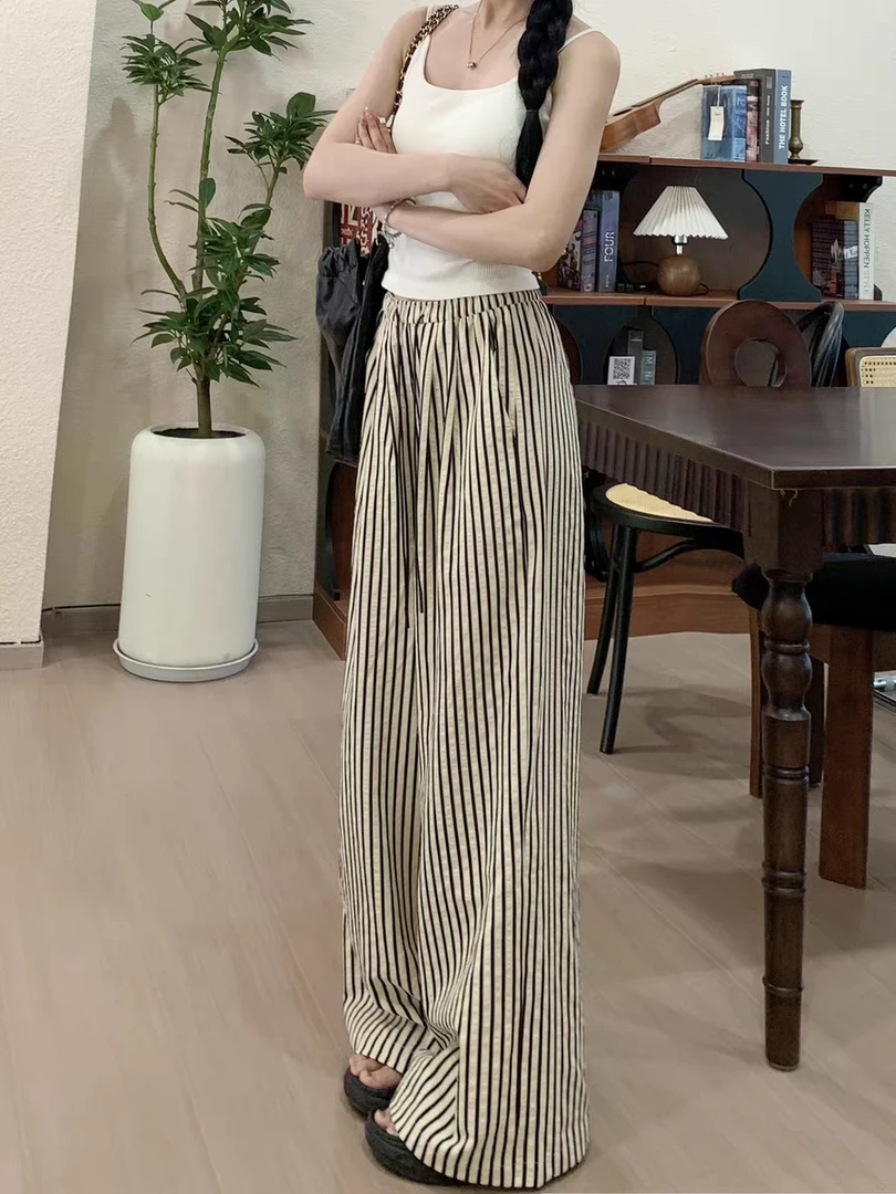 【艾丽莎定制】撞色竖条纹直筒休闲裤裤高腰显瘦阔腿裤子夏季KZ-1-8