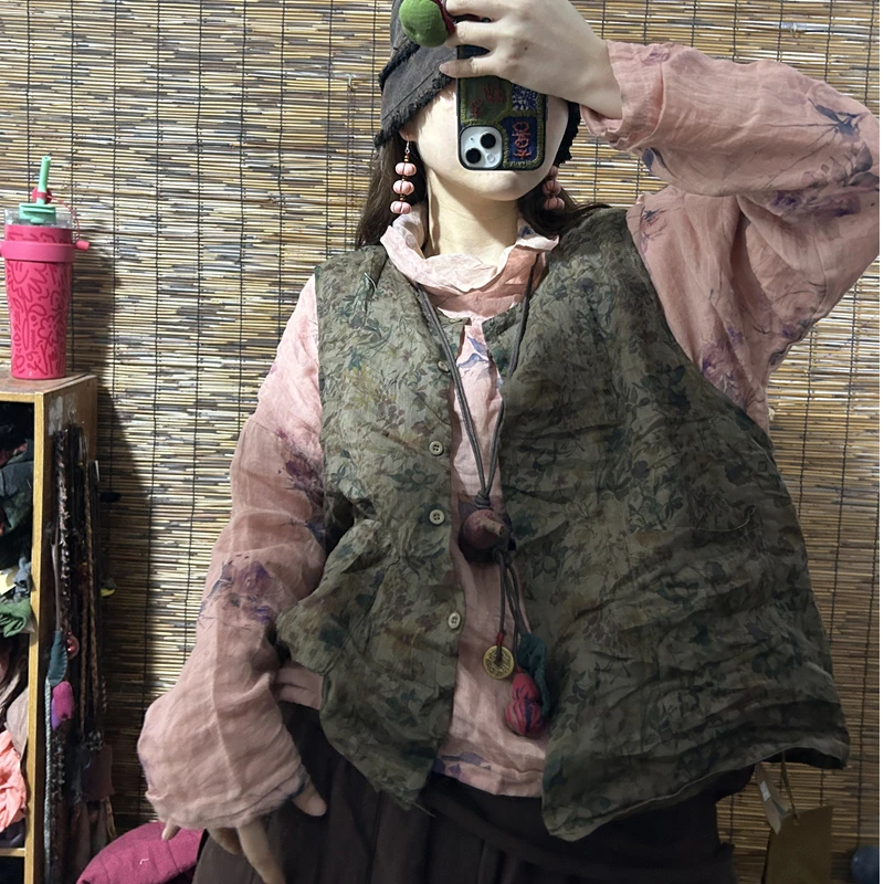 妞妞 新款苎麻印花双层坎肩马甲宽松大气百搭