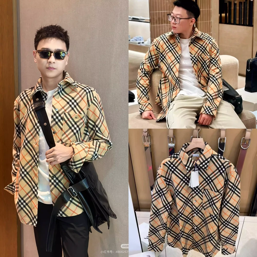 【双十二好礼】Burberry/博柏利 男士棕色拼色羊毛长袖衬衫