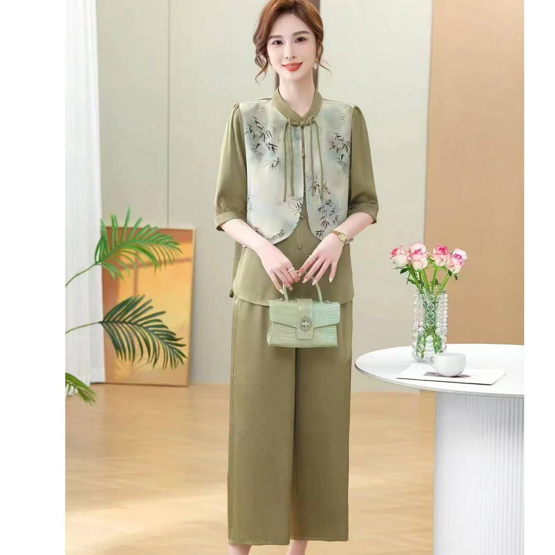 9605-套装上新！夏季新款新中式国风时尚气质假二件妈妈装套装A仓